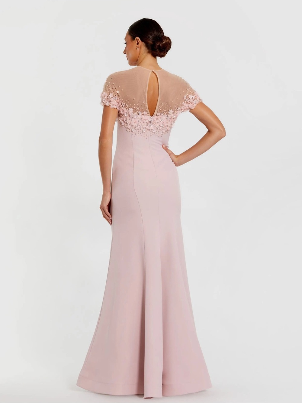 Mac Duggal 11867 Pink Crepe Mermaid Gown With Beaded Illusion Neck Size 14 NWT - Picture 3 of 10